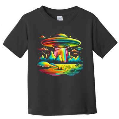 Bright Mountain Lake Camping Visitor UFO Alien Retro Toddler T-Shirt