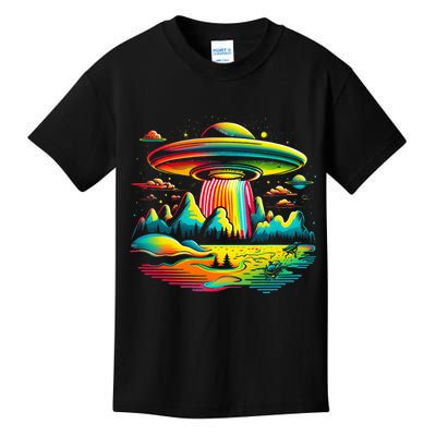 Bright Mountain Lake Camping Visitor UFO Alien Retro Kids T-Shirt