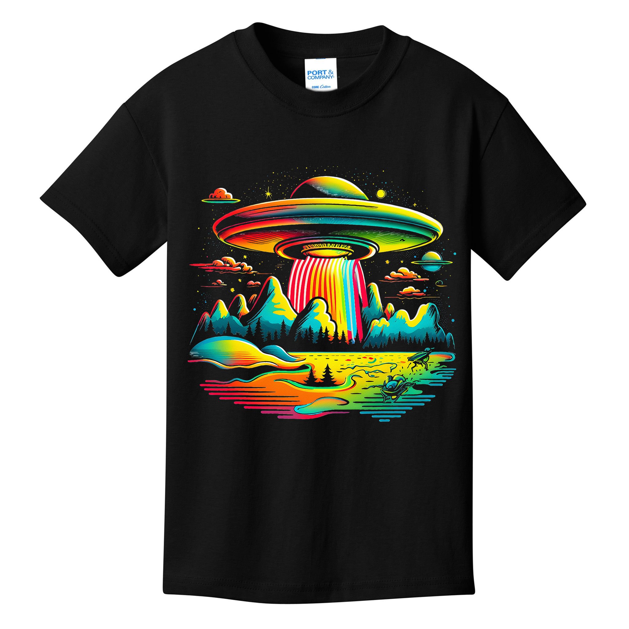 Bright Mountain Lake Camping Visitor UFO Alien Retro Kids T-Shirt