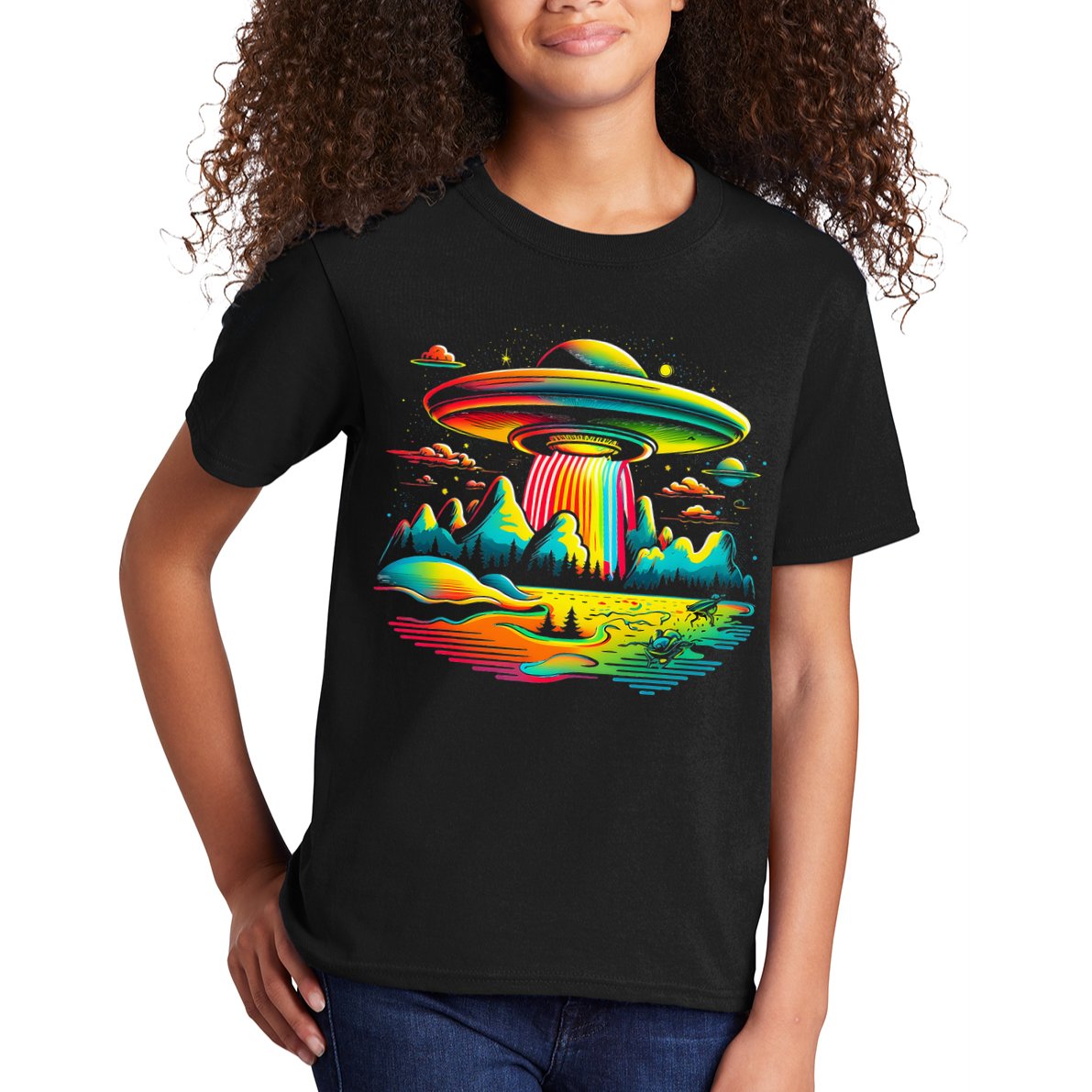 Bright Mountain Lake Camping Visitor UFO Alien Retro Kids T-Shirt