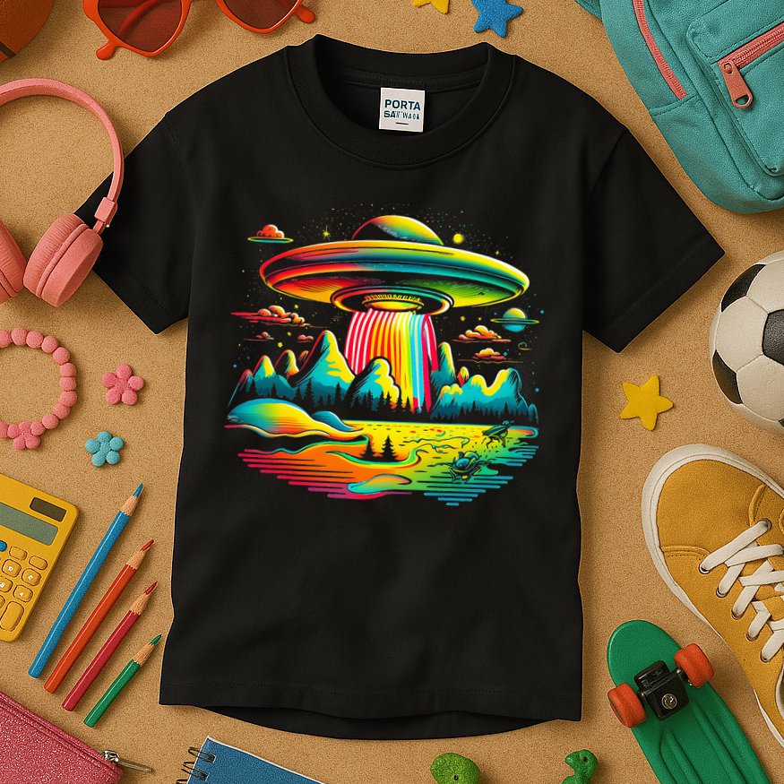 Bright Mountain Lake Camping Visitor UFO Alien Retro Kids T-Shirt