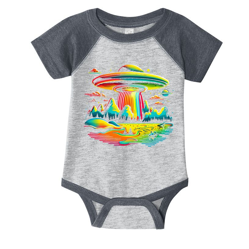 Bright Mountain Lake Camping Visitor UFO Alien Retro Infant Baby Jersey Bodysuit