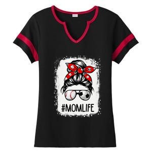 Bleached Mom Life Soccer Messy Bun Baseball Game Day Ladies Halftime Notch Neck Tee