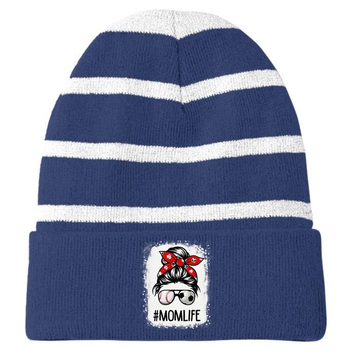 Bleached Mom Life Soccer Messy Bun Baseball Game Day Striped Beanie with Solid Band