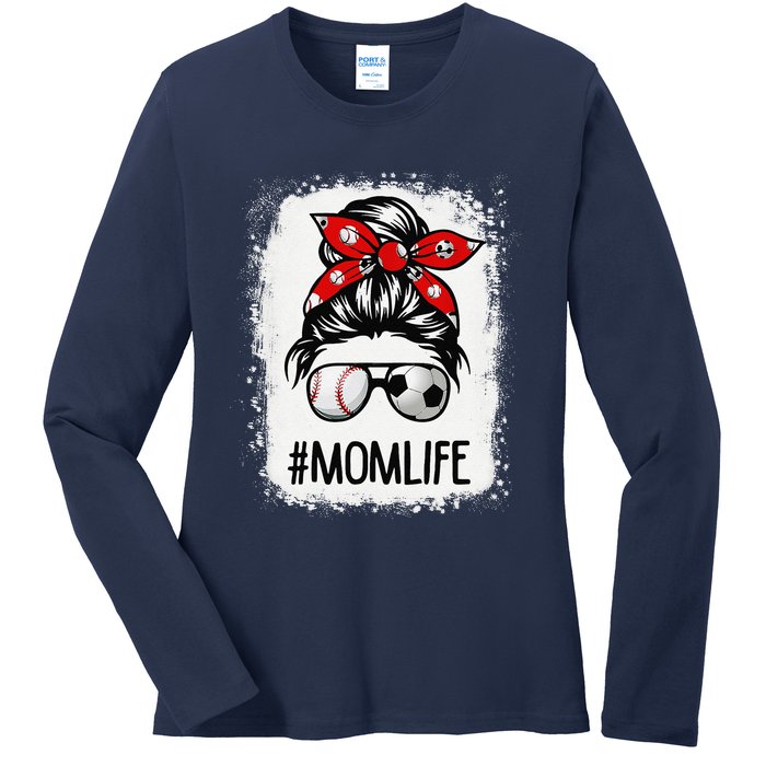 Bleached Mom Life Soccer Messy Bun Baseball Game Day Ladies Long Sleeve Shirt