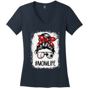 Bleached Mom Life Soccer Messy Bun Baseball Game Day Women's V-Neck T-Shirt