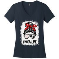 Bleached Mom Life Soccer Messy Bun Baseball Game Day Women's V-Neck T-Shirt