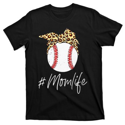 Baseball Mom Leopard Messy Bun Mother's Day Funny T-Shirt