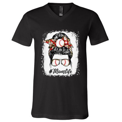 Baseball Mom Life Messy Bun Sports gift mother's day V-Neck T-Shirt