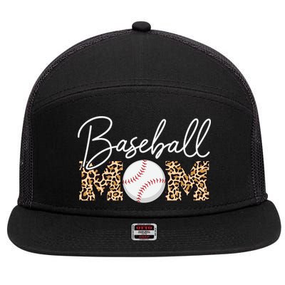 Baseball Mom - Leopard Print Cursive Script 7 Panel Mesh Trucker Snapback Hat