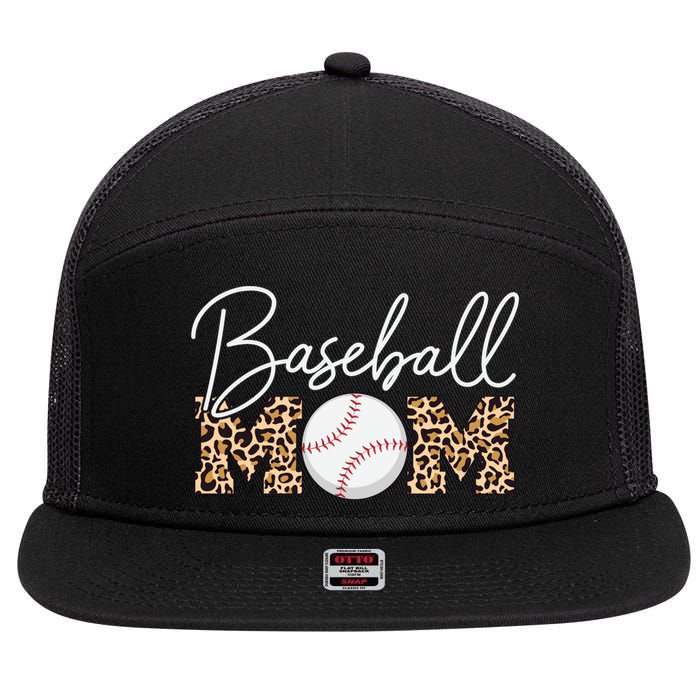 Baseball Mom - Leopard Print Cursive Script 7 Panel Mesh Trucker Snapback Hat