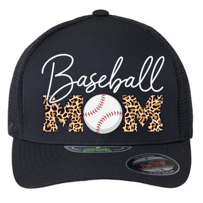 Baseball Mom - Leopard Print Cursive Script Flexfit Unipanel Trucker Cap