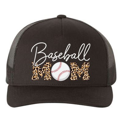 Baseball Mom - Leopard Print Cursive Script Yupoong Adult 5-Panel Trucker Hat
