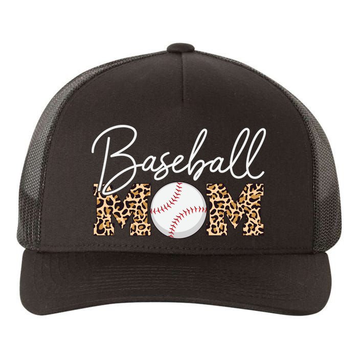 Baseball Mom - Leopard Print Cursive Script Yupoong Adult 5-Panel Trucker Hat