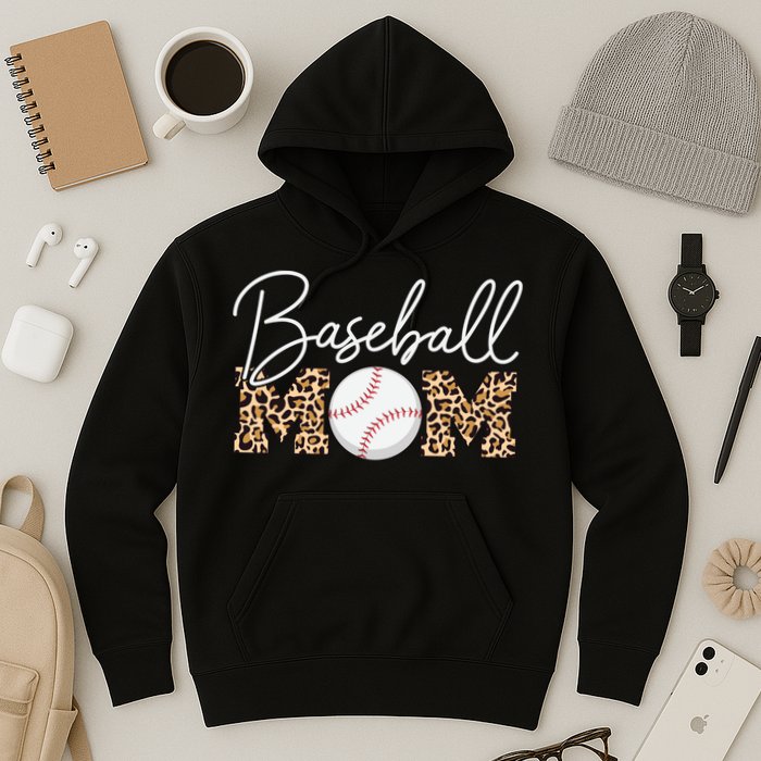 Baseball Mom - Leopard Print Cursive Script Hoodie