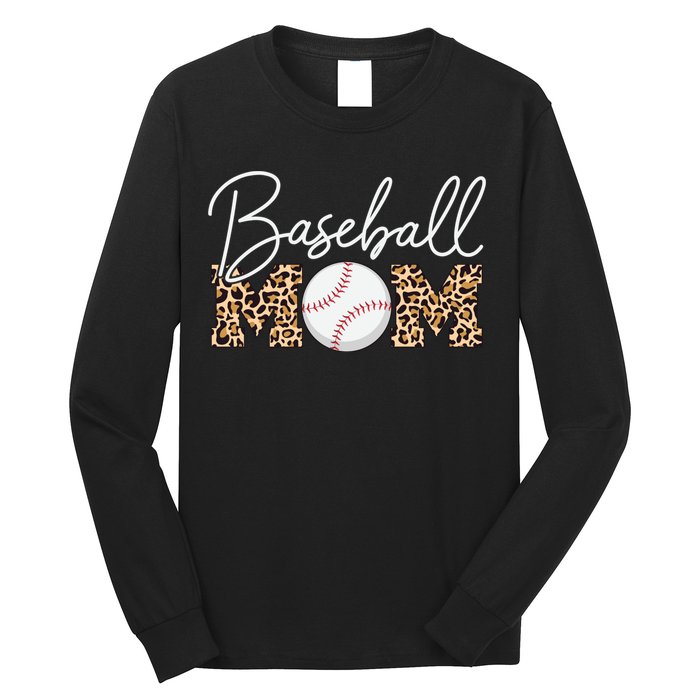 Baseball Mom - Leopard Print Cursive Script Long Sleeve Shirt