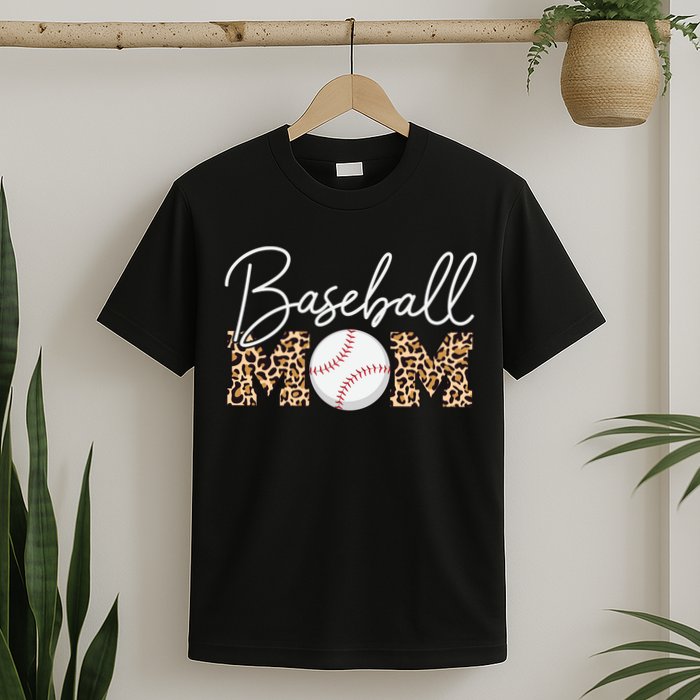 Baseball Mom - Leopard Print Cursive Script T-Shirt