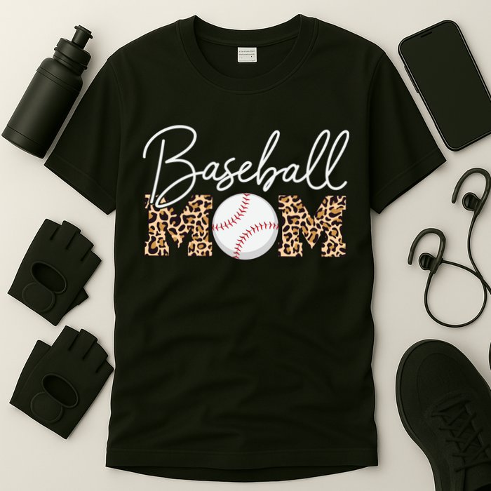 Baseball Mom - Leopard Print Cursive Script T-Shirt
