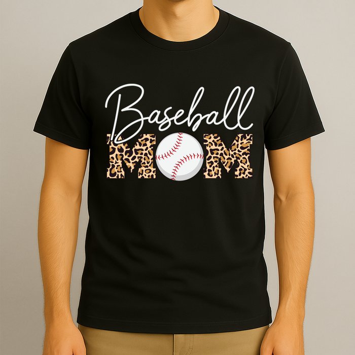 Baseball Mom - Leopard Print Cursive Script T-Shirt