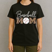 Baseball Mom - Leopard Print Cursive Script T-Shirt