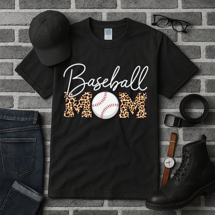 Baseball Mom - Leopard Print Cursive Script Tall T-Shirt