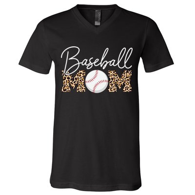 Baseball Mom - Leopard Print Cursive Script V-Neck T-Shirt