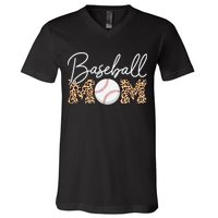 Baseball Mom - Leopard Print Cursive Script V-Neck T-Shirt