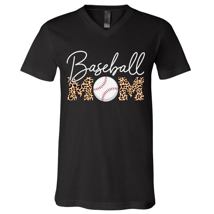 Baseball Mom - Leopard Print Cursive Script V-Neck T-Shirt