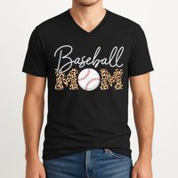 Baseball Mom - Leopard Print Cursive Script V-Neck T-Shirt