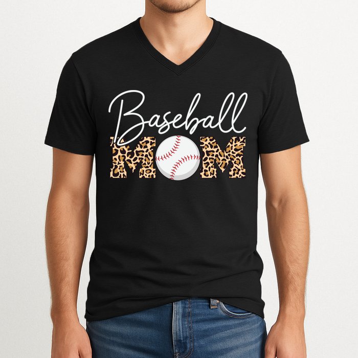 Baseball Mom - Leopard Print Cursive Script V-Neck T-Shirt