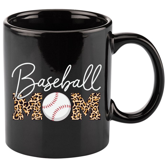 Baseball Mom - Leopard Print Cursive Script 11oz C Handle Ceramic Mug