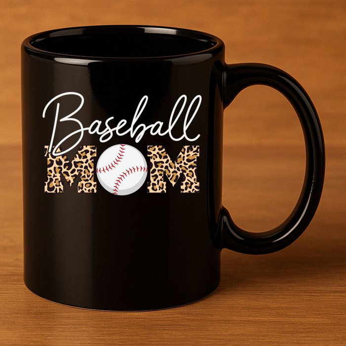 Baseball Mom - Leopard Print Cursive Script 11oz C Handle Ceramic Mug