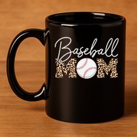 Baseball Mom - Leopard Print Cursive Script 11oz C Handle Ceramic Mug