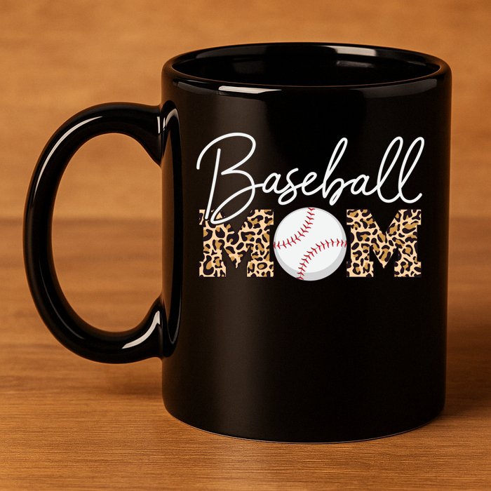 Baseball Mom - Leopard Print Cursive Script 11oz C Handle Ceramic Mug