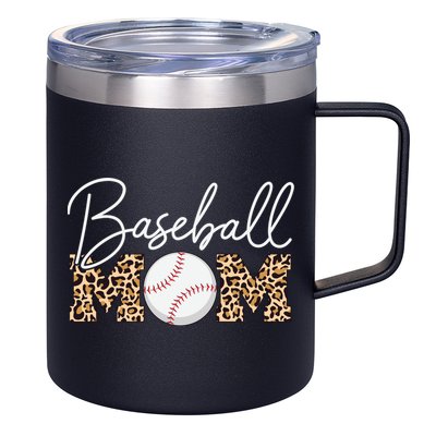 Baseball Mom - Leopard Print Cursive Script 12oz Stainless Steel Coffee Mug
