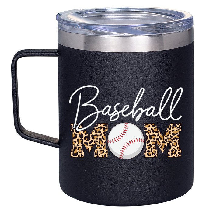 Baseball Mom - Leopard Print Cursive Script 12oz Stainless Steel Coffee Mug