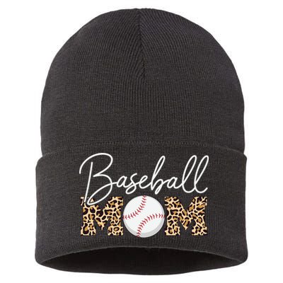 Baseball Mom - Leopard Print Cursive Script Sustainable Knit Beanie
