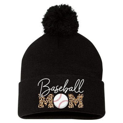 Baseball Mom - Leopard Print Cursive Script Pom Pom 12in Knit Beanie