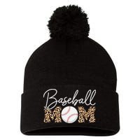 Baseball Mom - Leopard Print Cursive Script Pom Pom 12in Knit Beanie