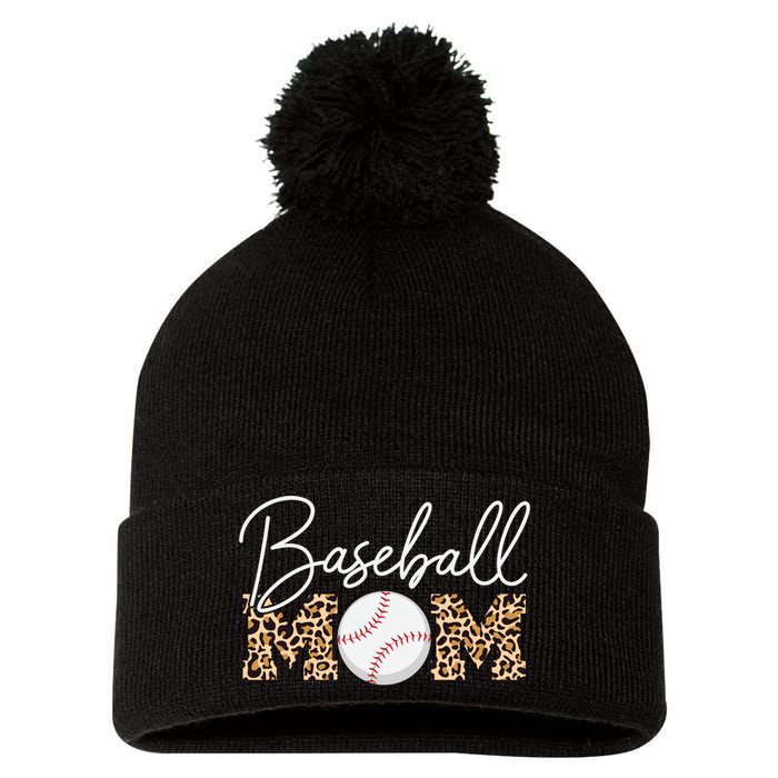 Baseball Mom - Leopard Print Cursive Script Pom Pom 12in Knit Beanie