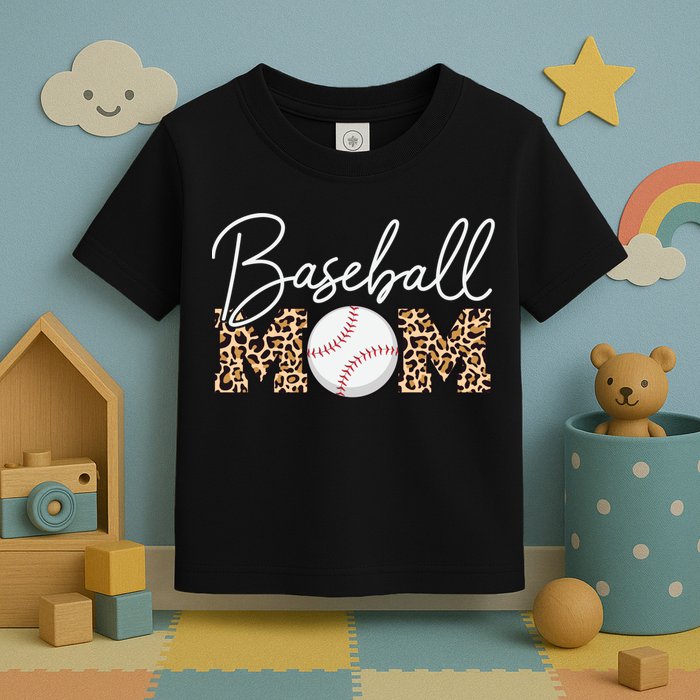 Baseball Mom - Leopard Print Cursive Script Toddler T-Shirt