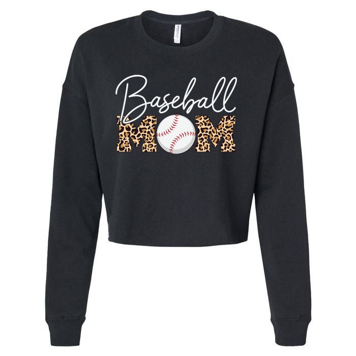 Baseball Mom - Leopard Print Cursive Script Cropped Pullover Crew