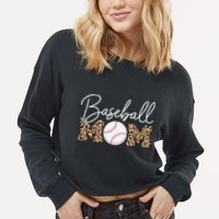 Baseball Mom - Leopard Print Cursive Script Cropped Pullover Crew