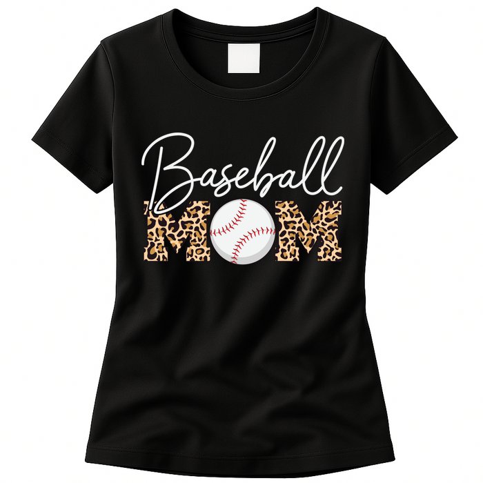 Baseball Mom - Leopard Print Cursive Script Womens T-Shirt