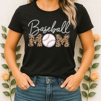 Baseball Mom - Leopard Print Cursive Script Womens T-Shirt