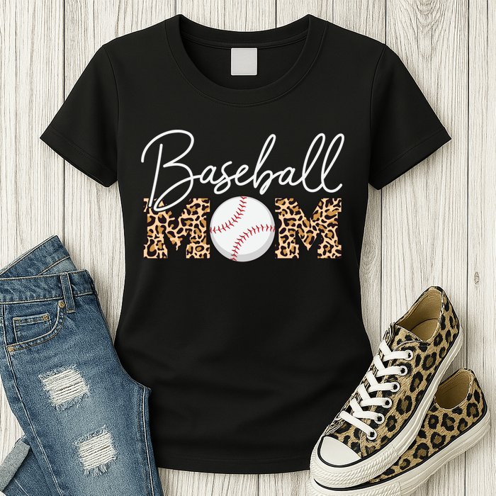 Baseball Mom - Leopard Print Cursive Script Womens T-Shirt