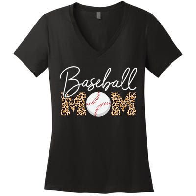 Baseball Mom - Leopard Print Cursive Script Women's V-Neck T-Shirt