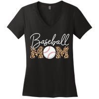 Baseball Mom - Leopard Print Cursive Script Women's V-Neck T-Shirt