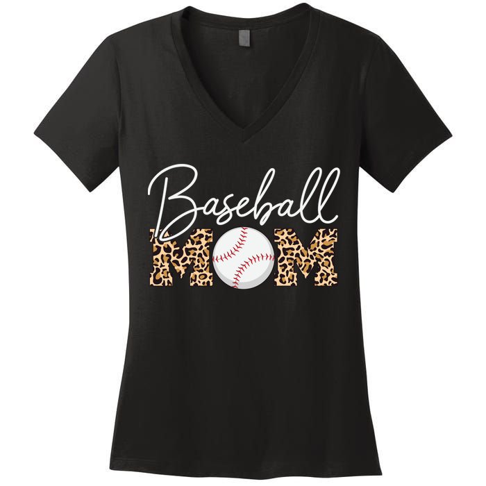 Baseball Mom - Leopard Print Cursive Script Women's V-Neck T-Shirt