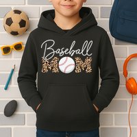 Baseball Mom - Leopard Print Cursive Script Kids Hoodie